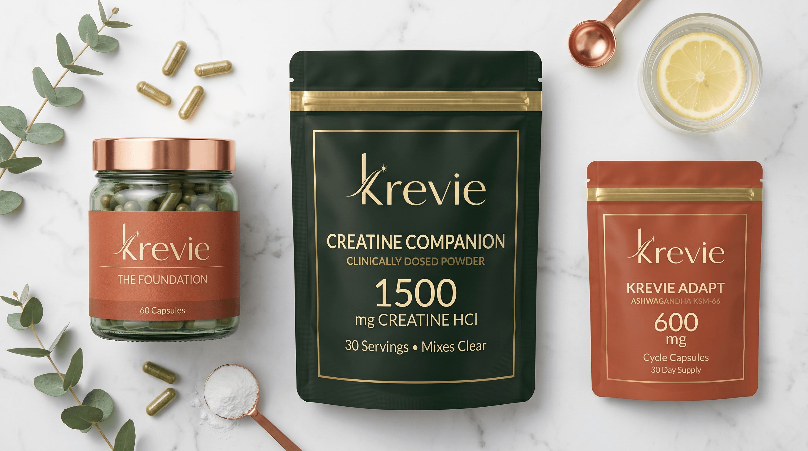 The Routine — Foundation, Creatine Companion and Krevie Adapt together on marble.